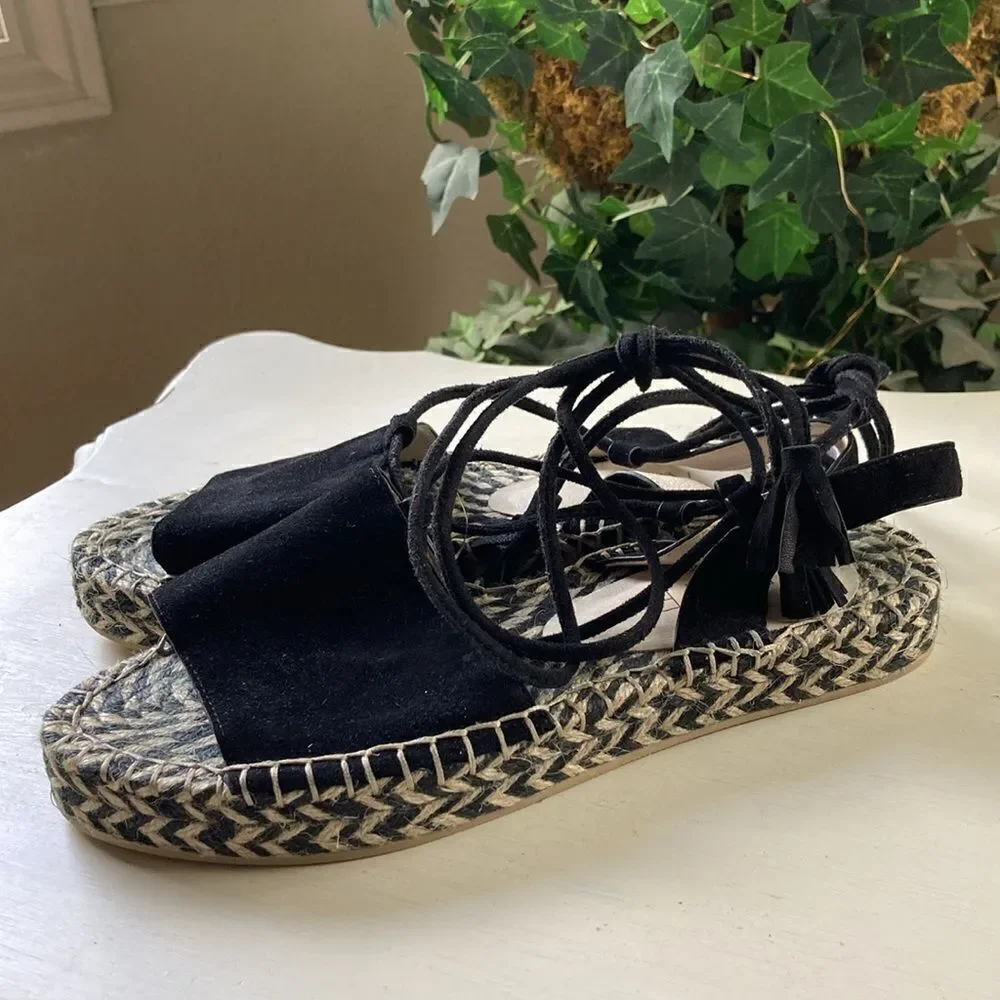 Revole Raye Espadrilles Black Leather Suede Lace up Tassel Detail Size 8.5